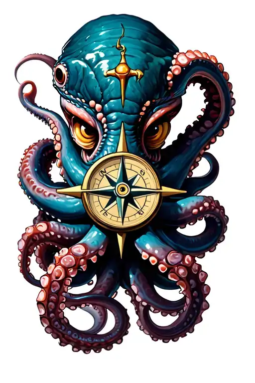 Angry Kracken Octopus In Ocean With Nautical Compass In Middle With Tentacles Out Wide