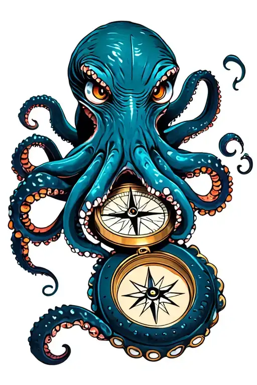 Angry Kracken Octopus In Ocean With Nautical Compass In Middle With Tentacles Out Wide
