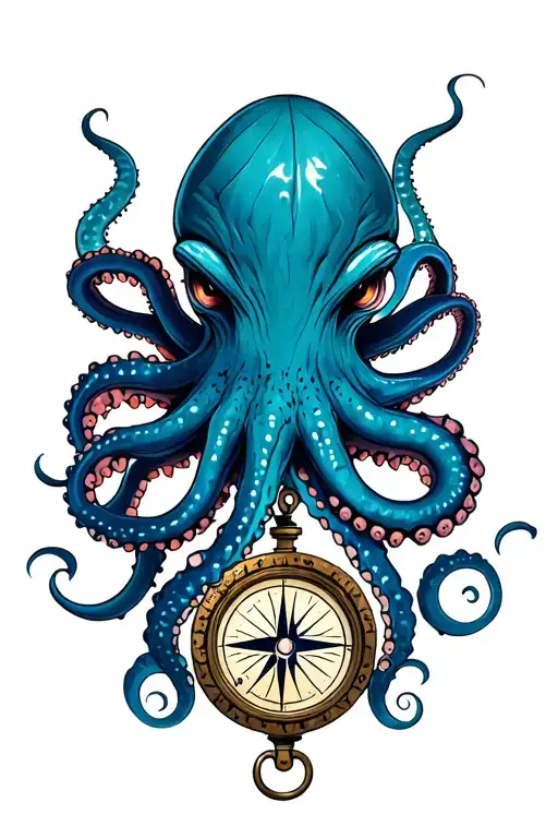 Angry Kracken Octopus In Ocean With Nautical Compass In Middle With Tentacles Out Wide