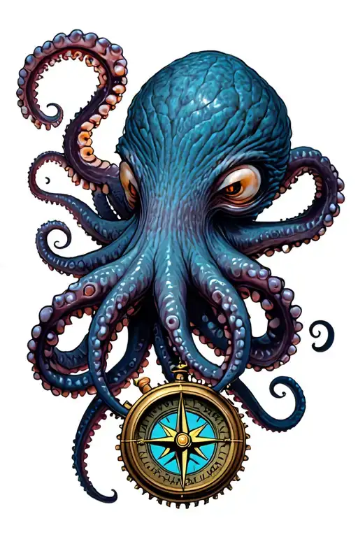 Angry Kracken Octopus In Ocean With Nautical Compass In Middle With Tentacles Out Wide