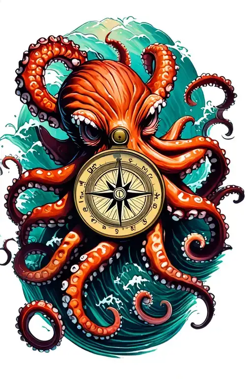 Angry Kracken Octopus In Ocean With Nautical Compass In Middle With Tentacles Out Wide With Waves