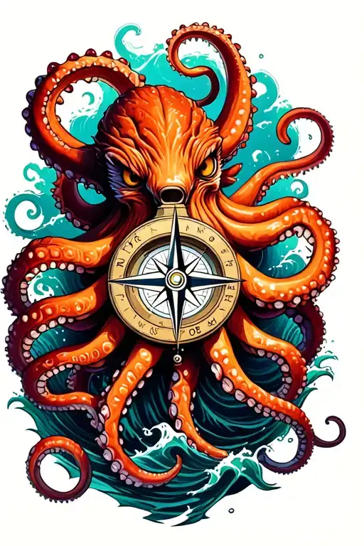Angry Kracken Octopus In Ocean With Nautical Compass In Middle With Tentacles Out Wide With Waves
