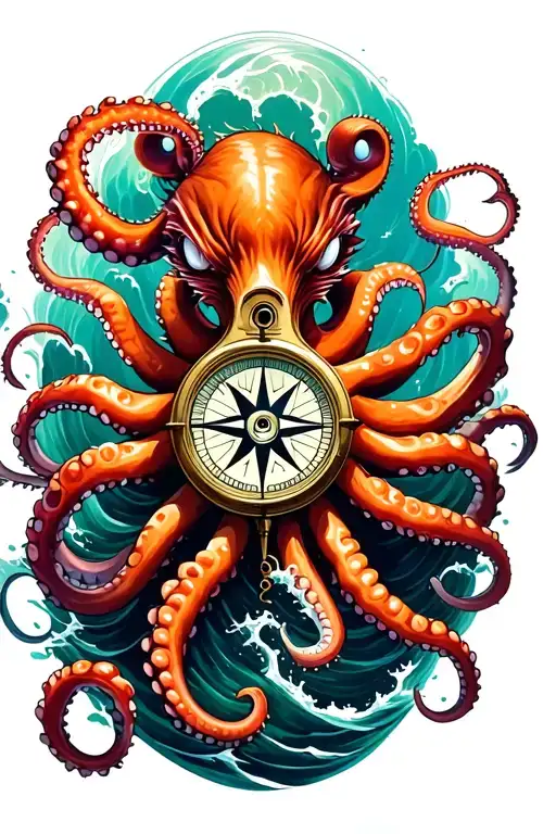 Angry Kracken Octopus In Ocean With Nautical Compass In Middle With Tentacles Out Wide With Waves