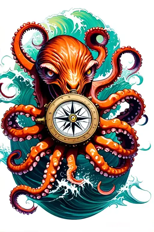 Angry Kracken Octopus In Ocean With Nautical Compass In Middle With Tentacles Out Wide With Waves