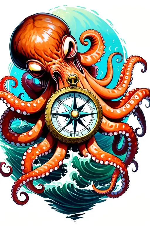 Angry Kracken Octopus In Ocean With Nautical Compass In Middle With Tentacles Out Wide With Waves