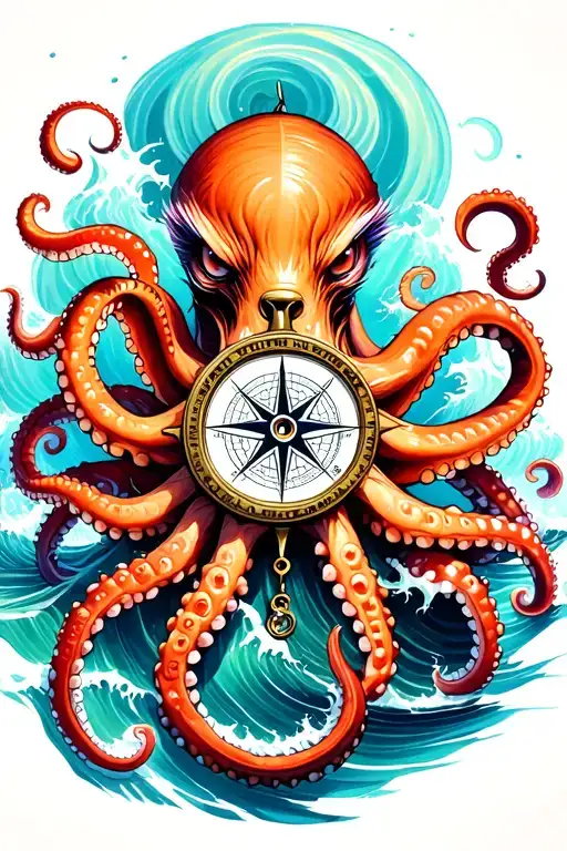 Angry Kracken Octopus In Ocean With Nautical Compass In Middle With Tentacles Out Wide With Waves