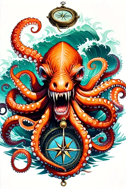 Angry Kracken Octopus In Ocean With Nautical Compass In Middle With Tentacles Out Wide With Waves