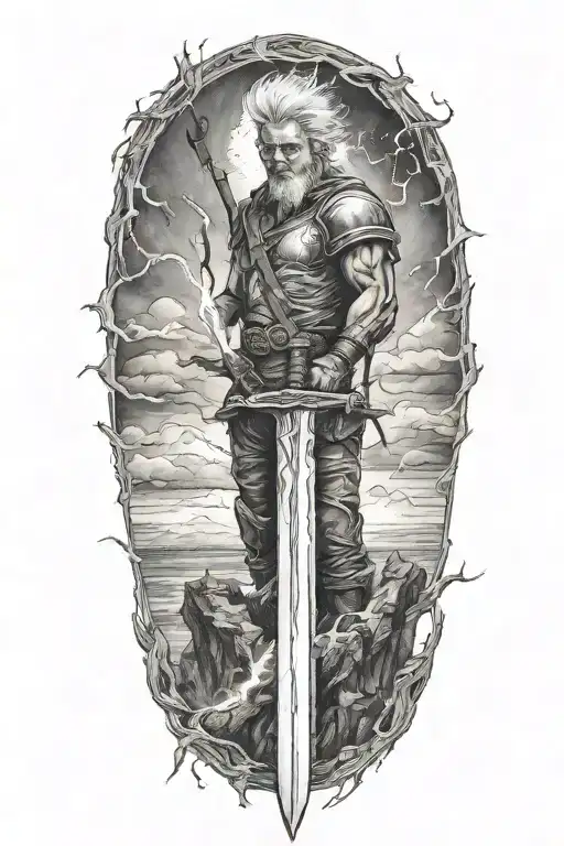 Make Him Holding The Sword Into The Sky And Lightning In The Background