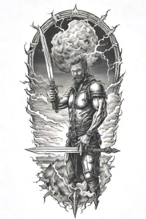 Make Him Holding The Sword Into The Sky And Lightning In The Background