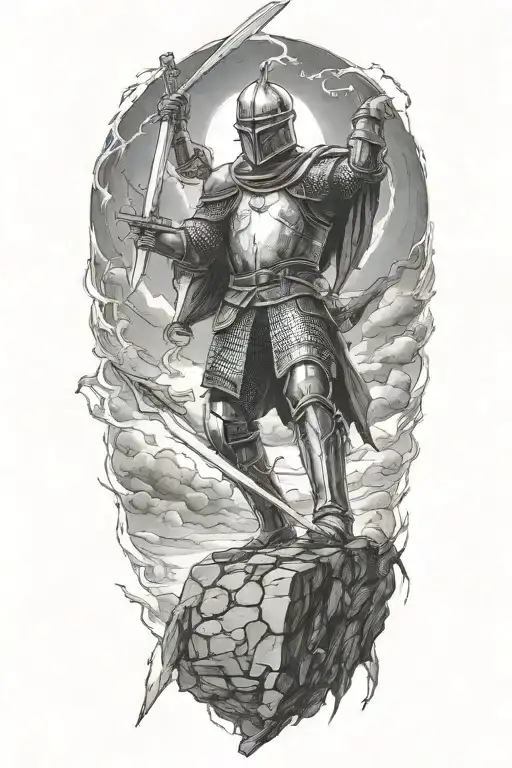 Make The Knight Holding The Sword Above His Head Into The Sky And Lightning In The Background