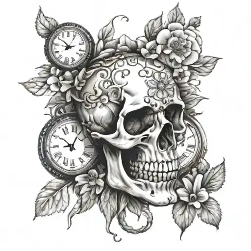 Skull Surrounded By Pocket Watch And 3 Flowers Growing