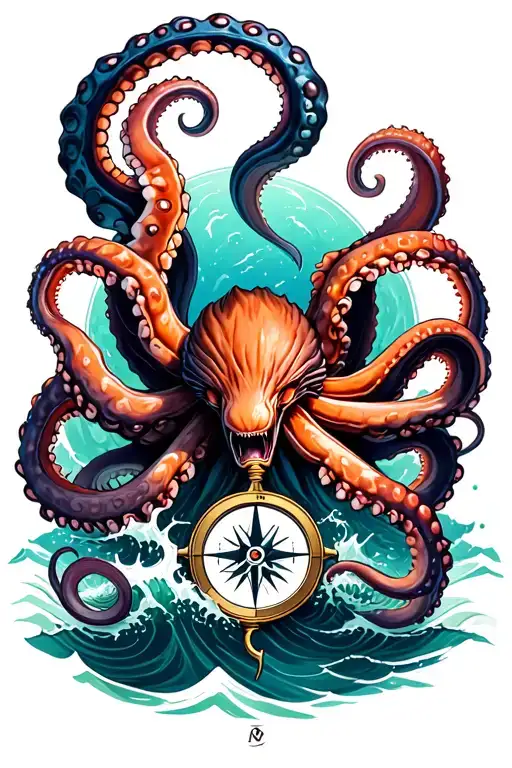 Angry Kracken Octopus In Ocean With Nautical Compass In Middle With Tentacles Out Wide With Waves