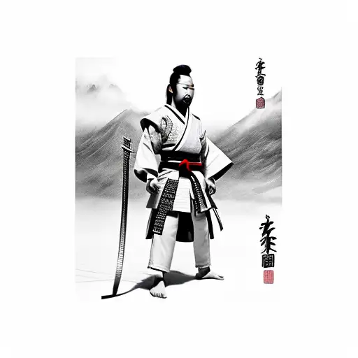 Lone Japanese Samurai Wearing A Jii Jitsu Gi At A Samurai Temple