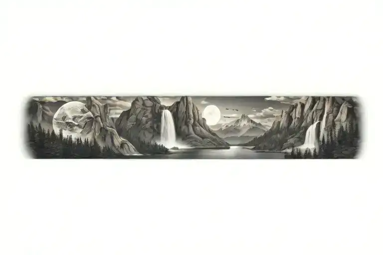 Mountain Range With Waterfall And Moon Surrounded