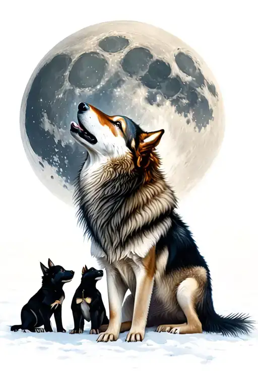 Wolf Howling And Moon With Puppies Playing Together