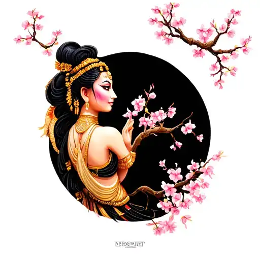 Apsara Dancer In The Back With Cherry Blossom Tree