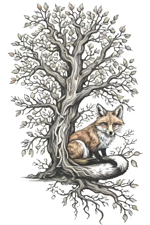 A Fox Sitting Underneath A Tree Branch