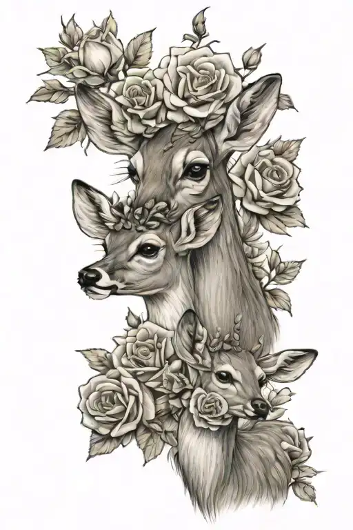 Mom And Baby Deer With Roses