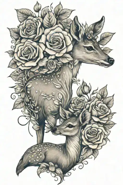 Mom And Baby Deer With Roses