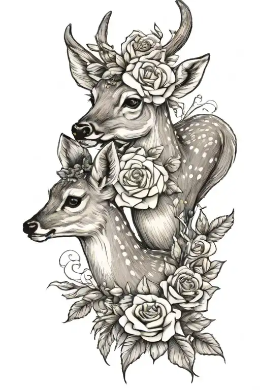 Mom And Baby Deer With Roses