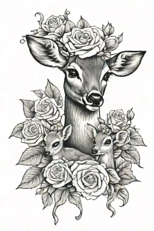 Mom And Baby Deer With Roses