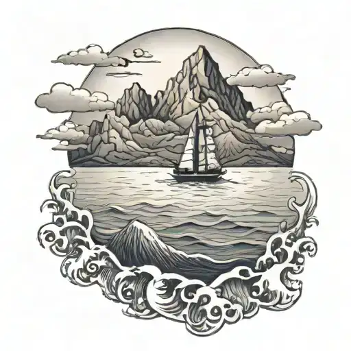 Small Tattoo Ocean With A Tiny Boat Mountains And Sumset In Background