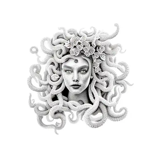 A Hyperrealistic Tattoo Of Medusa Surrounded By Lily Flowers In A Foggy Atmosphere