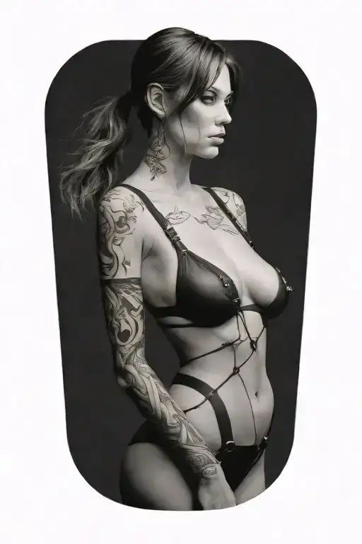 Sexy Woman In Bondage Underwear Standing Facing Left