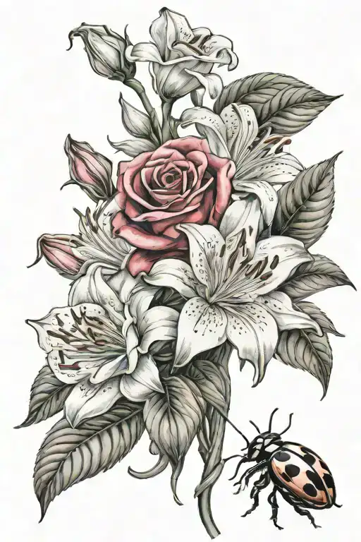 Roses And Lilly Flower Bouquet With Ladybug