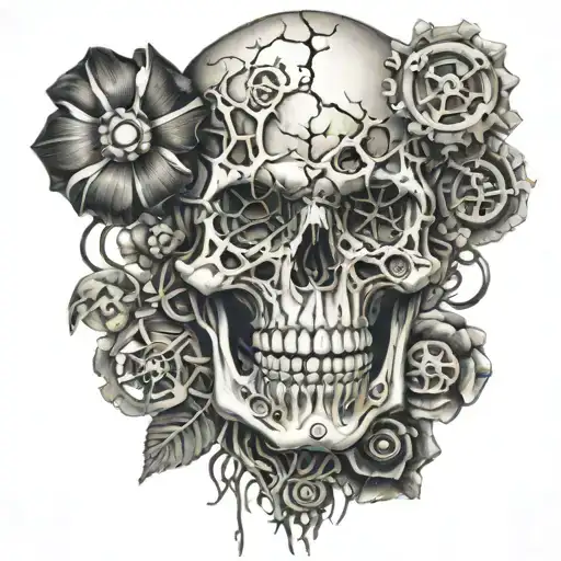 Skeleton Veins Barbwire Flowers Brain Gears