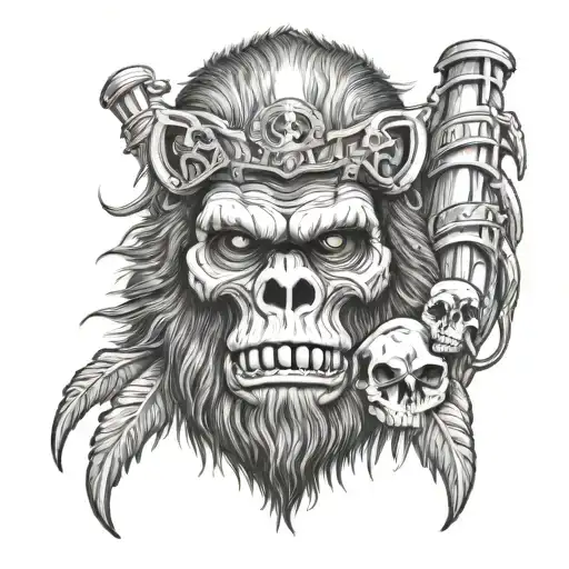 Bigfoot And Skull Face Tattoo Design Incorporating