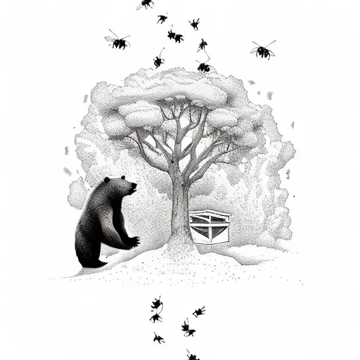 A Bear Clumsily Reaching Up A Tree Towards A Bee Hive