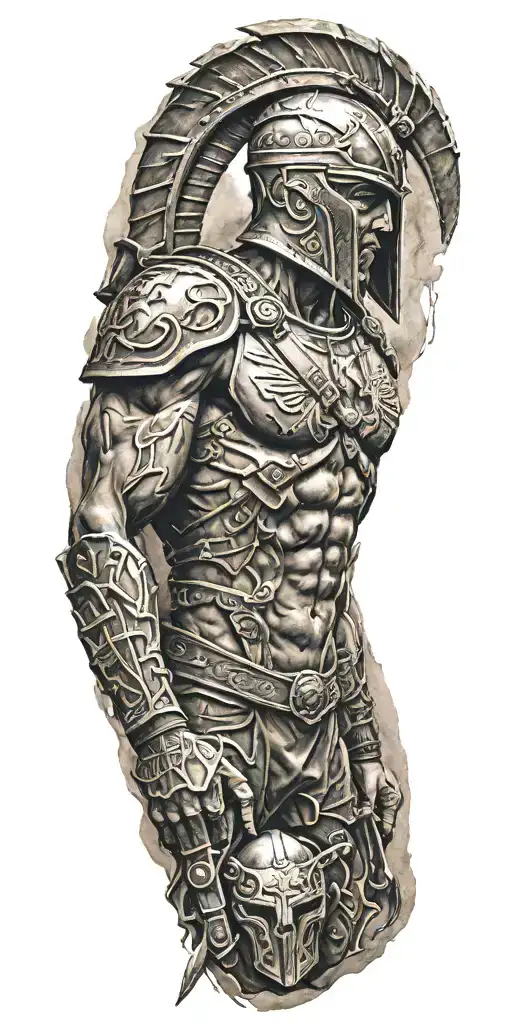 Spartan Theme Full Sleeve Featuring A Collage Tattoo Featuring Elements