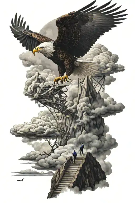 Child Climbing Stairs To The Sky Surrounded By Clouds And Mountain Peak With An Eagle Above Him