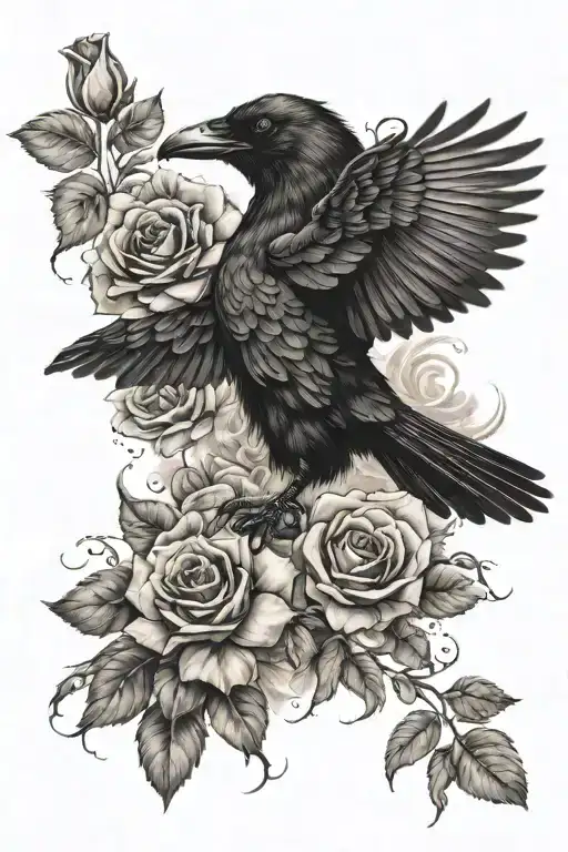 Crow Flying With Roses Surrounded