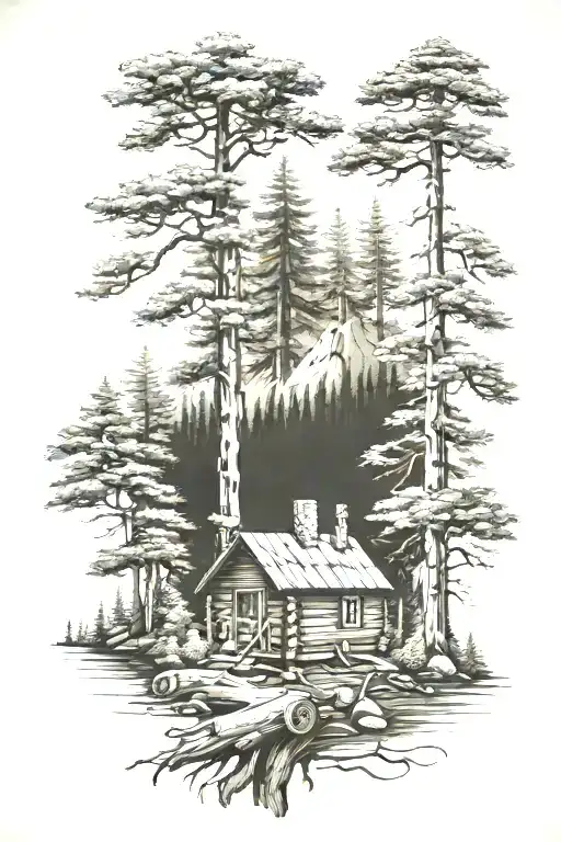 Forest Scene With Log Cabin Nestled