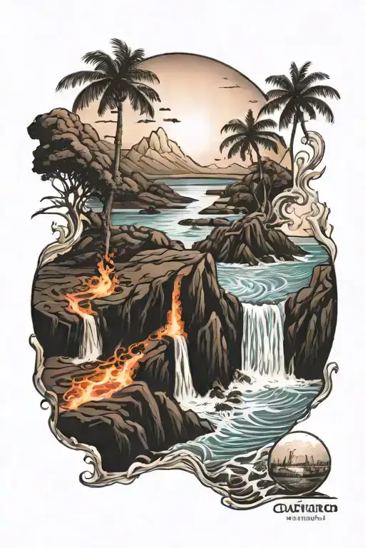 Lava Flowing Along Beautiful Beach Sunset Scene