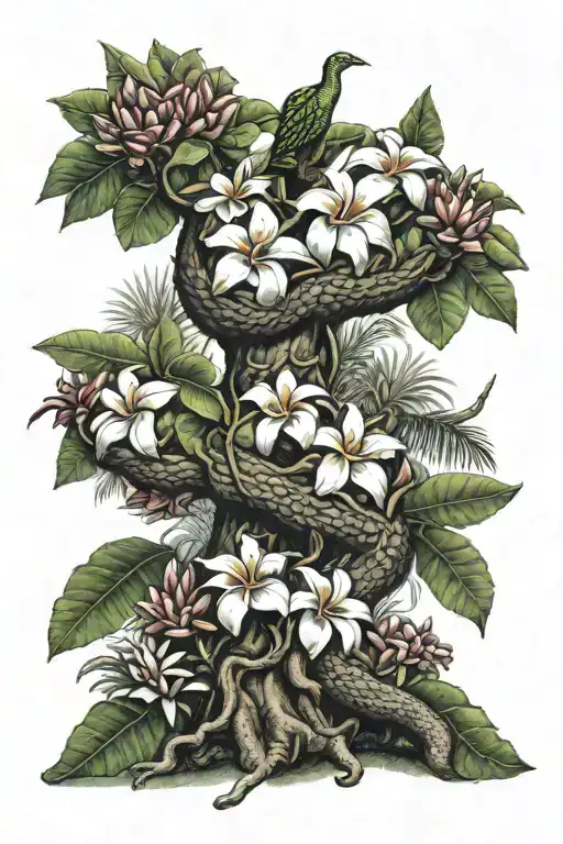 Plumeria Tree With Flowers Wrapped In A Cactus Vine With Dragon Head