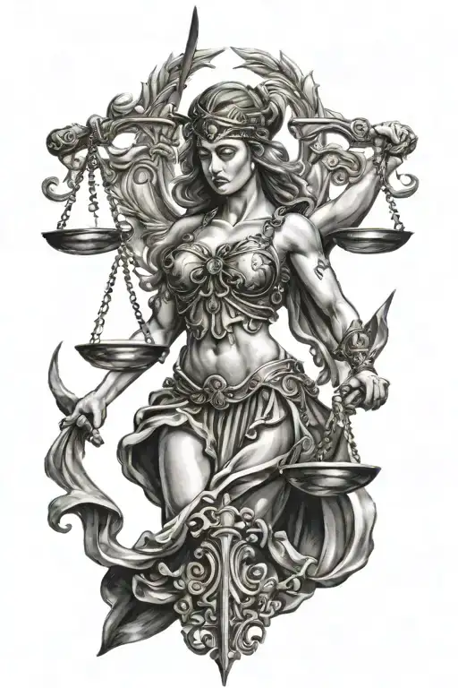 Blindfolded Goddess Of Justice With Scales And Sword