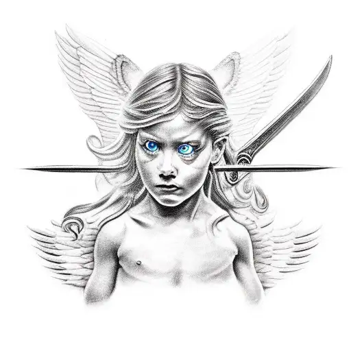 The Tattoo Of An Angel Holding A Sword And Cutting Off The Head Of A Snake