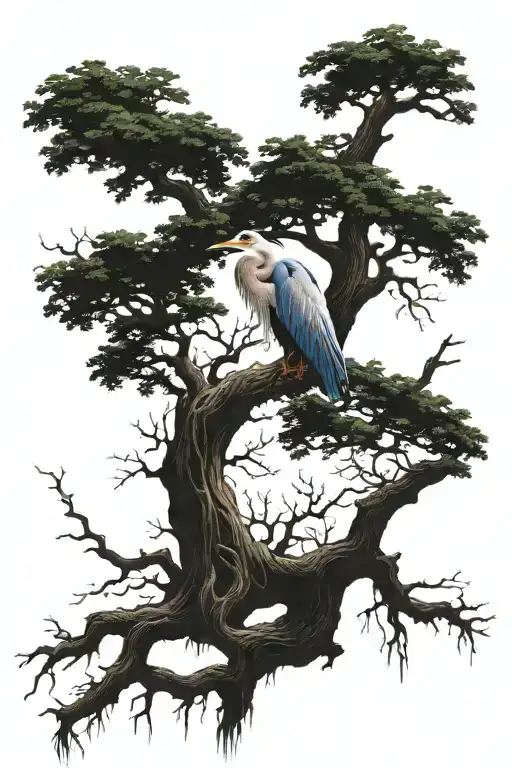 Oak Tree With Long Roots And Blue Heron Flying