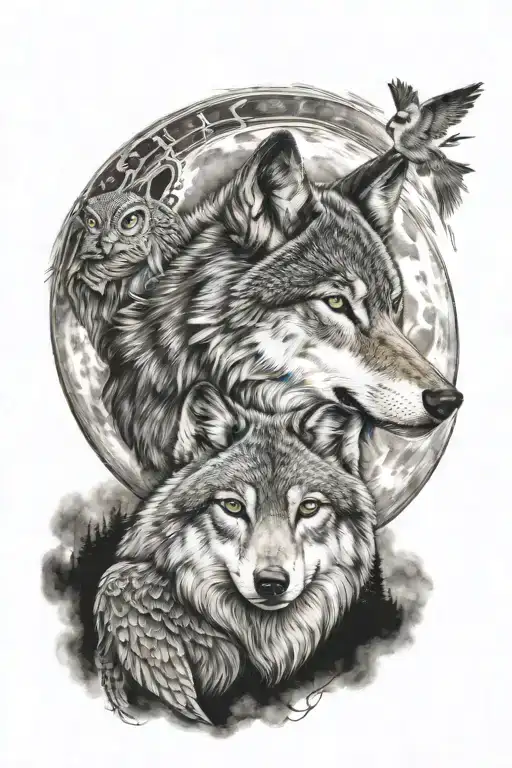 Wolf And Owl In Front Of Moon