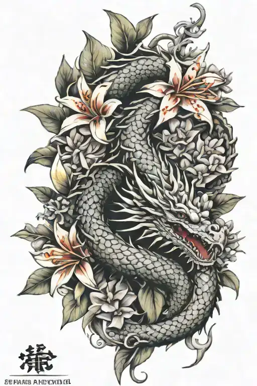 Dragon Intertwined With Dragonfruit Plant And Plumeria Flowers Tattoo