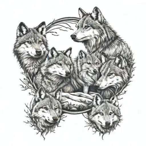 Wolf And 3 Cubs Surrounded By Forest Scene