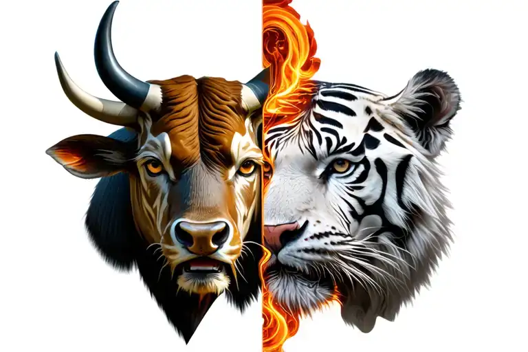 On One Side Half A Head Of A Bull And The Other Half Of A White Tiger Head