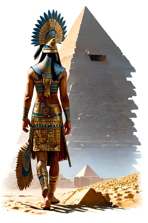 Aztec Guerrero Walking Towards The Egyptian Pyramid Heaven