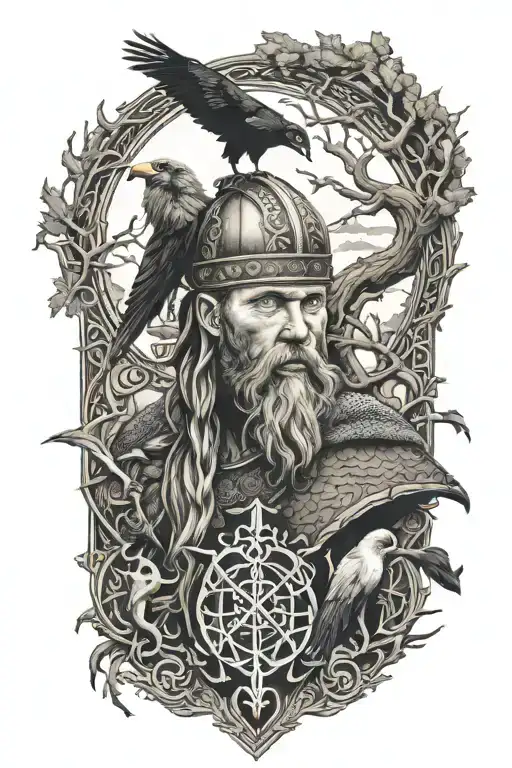 Viking Infront Of Yggdrasil Woth Nordic Symbols And Two Crows Tattoo