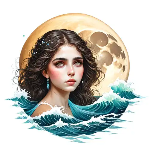 A Aquarius Girl With Moon And Waves