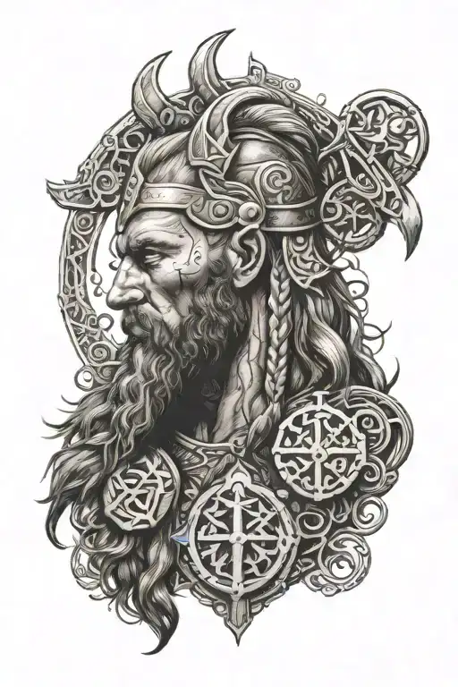 A Viking In Valhalla With Nordic Symbols Around Him