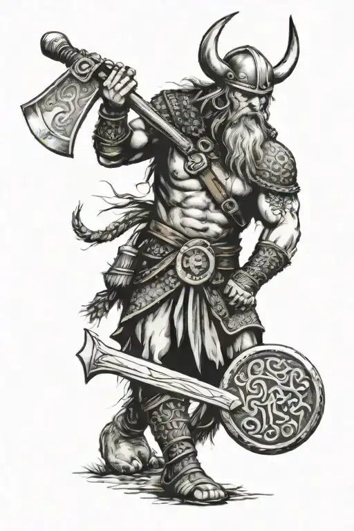 Viking Warrior Standing An Axe With A Circle Of Norse Mythology Symbols Around Him